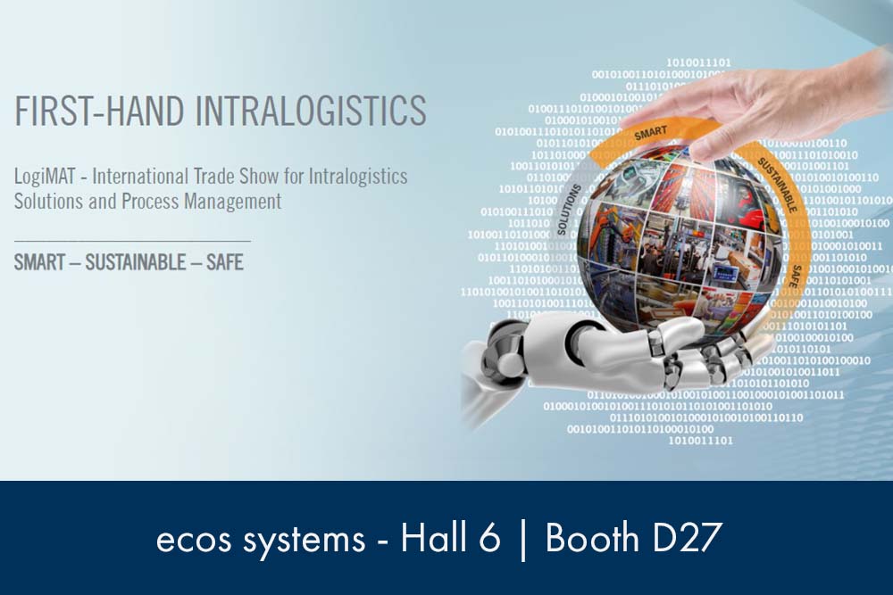 Banner of 'LogiMAt' with robotic and human hand, and ecos systems booth information